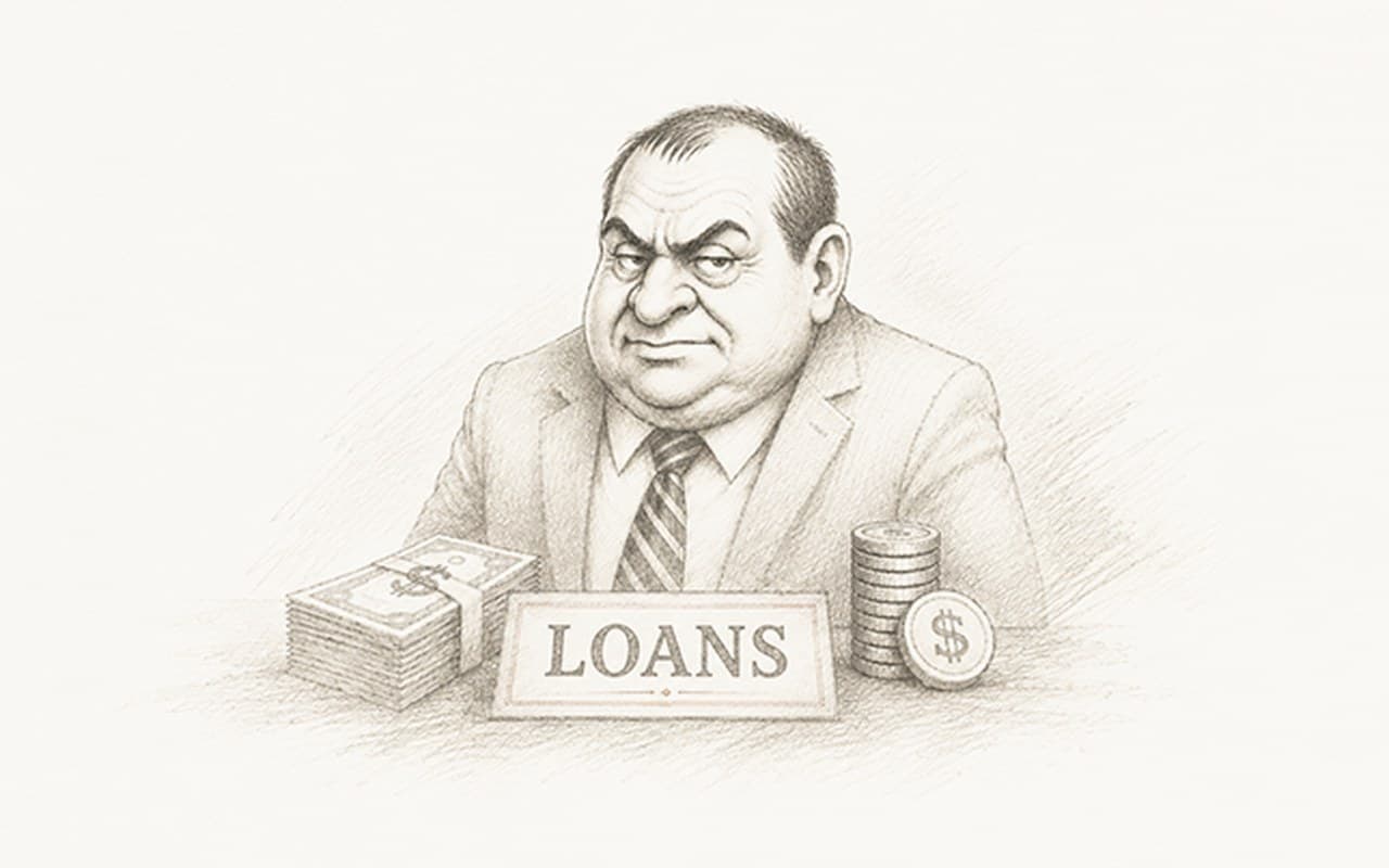 Pencil illustration of a lender at a desk marked LOANS, with a stack of bills and coins