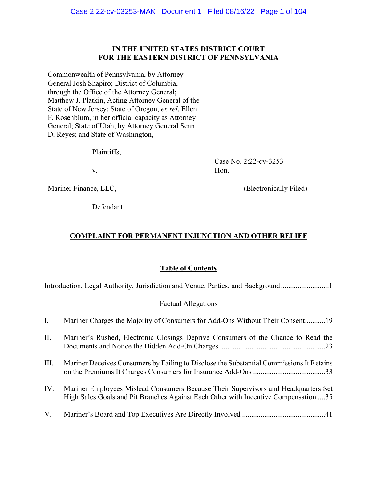 First page of Commonwealth of Pennsylvania et al. v. Mariner Finance, LLC, E.D. Pa. No. 2:22-cv-03253, complaint filed August 16, 2022