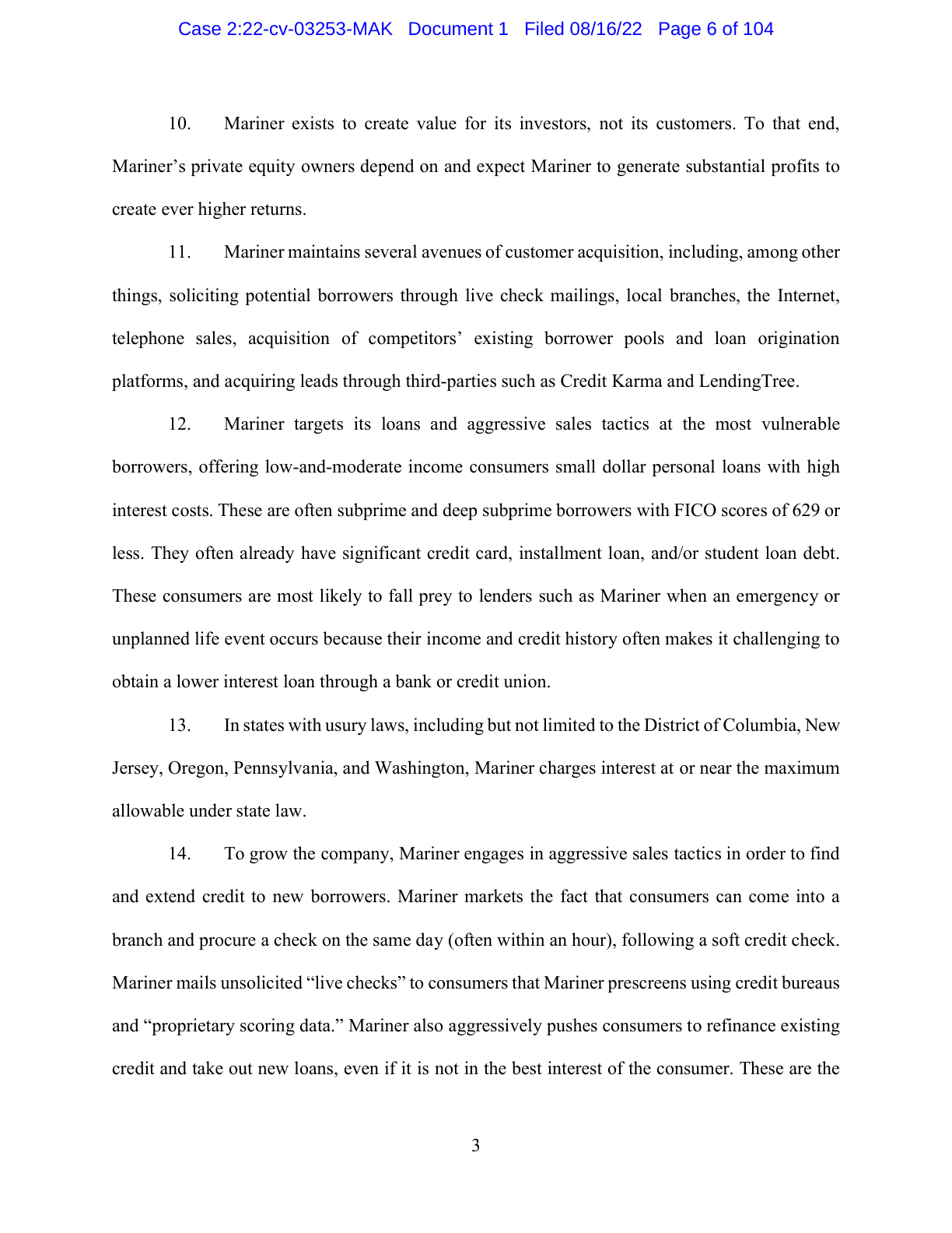 Page 6 of the August 16, 2022 AG complaint alleging live-check mailings, subprime targeting, and refinance pressure