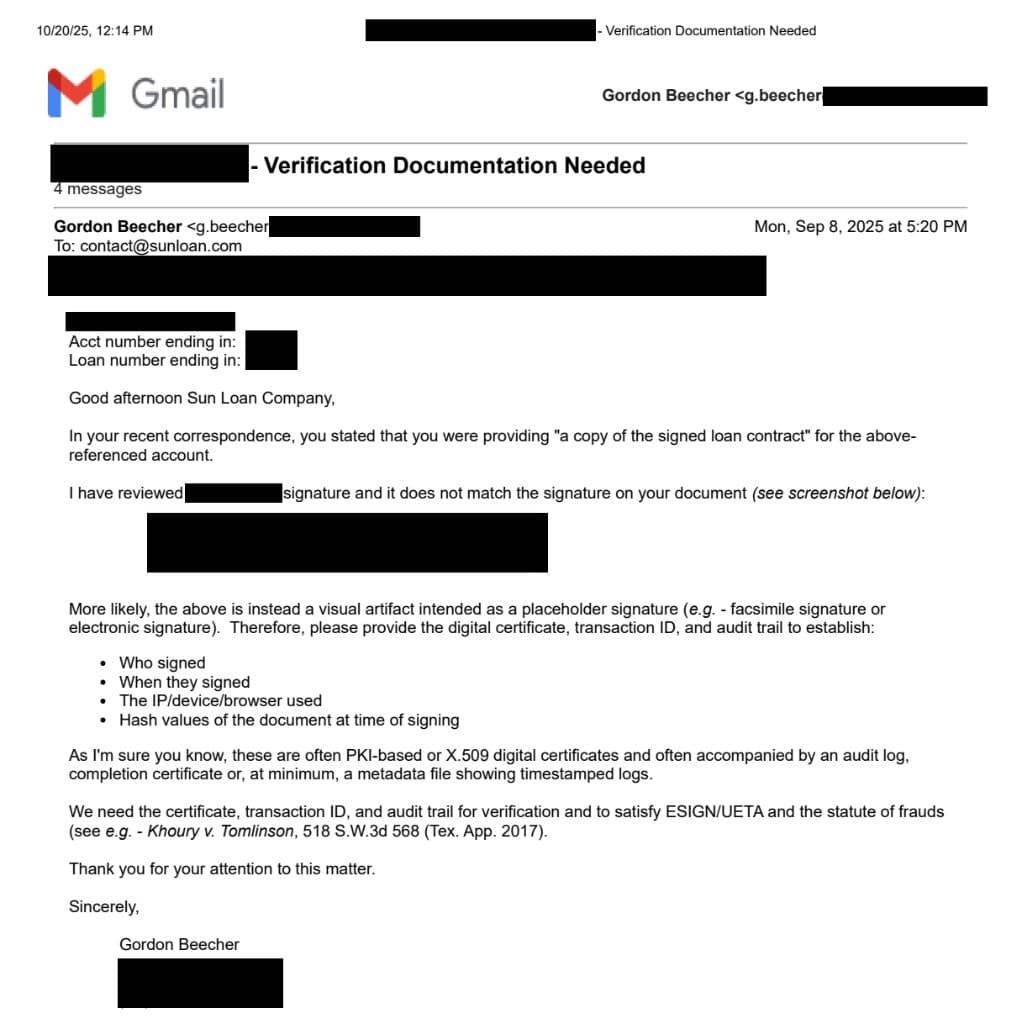 Redacted Gmail print of September 8, 2025 email requesting certificate, transaction ID, and audit trail