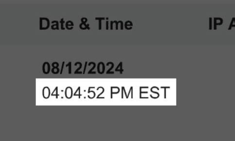 Highlighted timestamp 04:04:52 PM EST on the audit trail