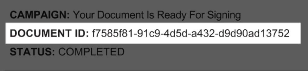 Campaign, Document ID, and Completed status lines from the audit trail