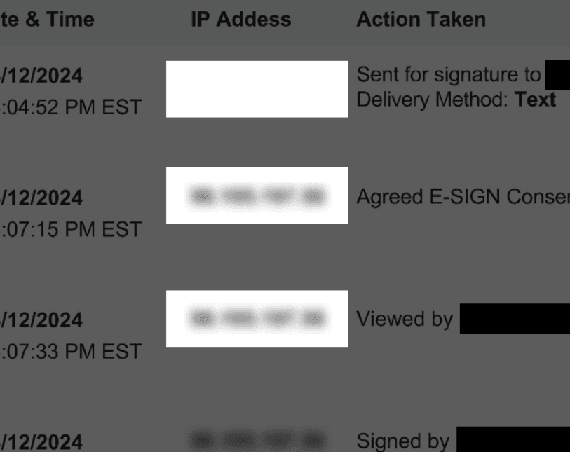 Audit trail rows showing blank IP on Sent and the same IPv4 address on later events