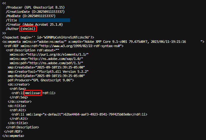 Extracted PDF metadata highlighting Author shelbi and XMP creator melissa