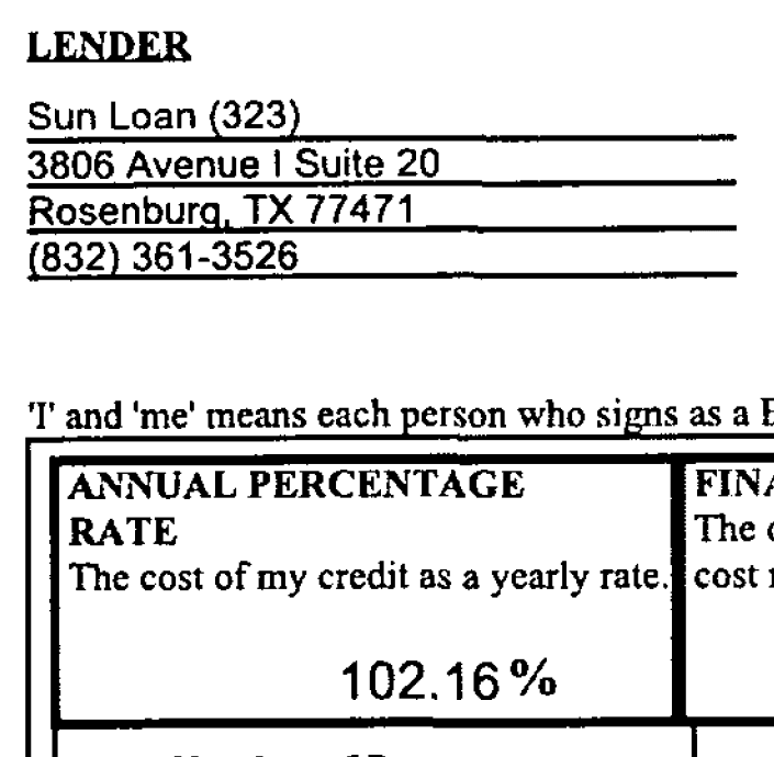 Loan disclosure header showing Sun Loan branch city misspelled and 102.16 percent APR