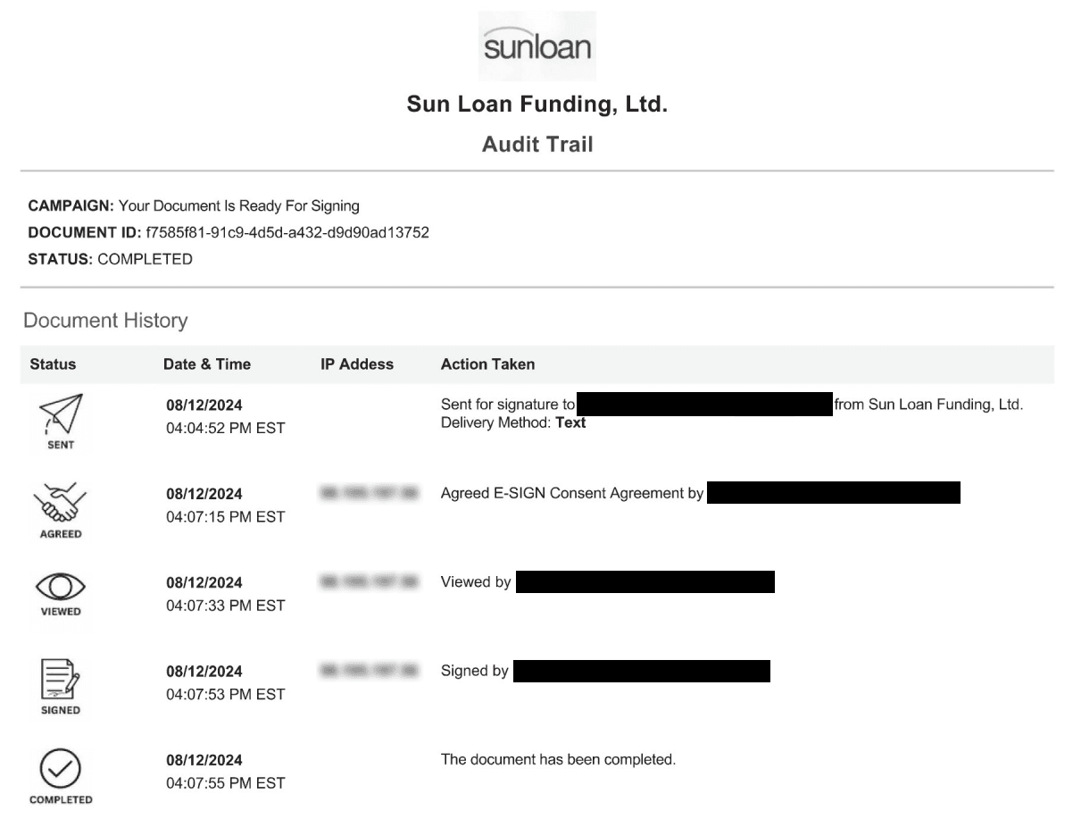 Sun Loan Funding, Ltd. Audit Trail page showing campaign, document ID, completed status, and document history
