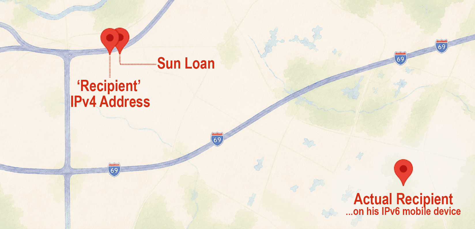Map geolocating the audit-trail IP address relative to the Sun Loan branch and borrower area