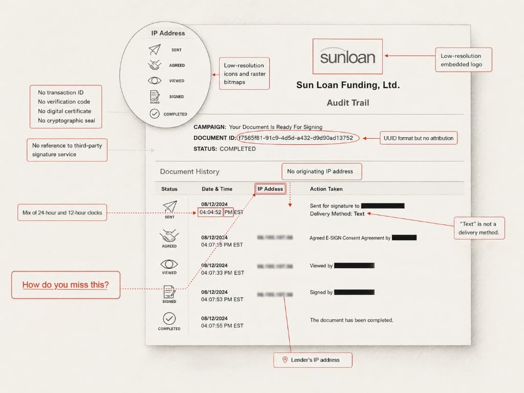 Annotated Sun Loan Funding, Ltd. Audit Trail with callouts on timestamps, icons, missing certificate features, and IP gaps